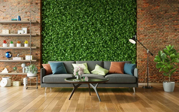 Acogedor Salón Con Pared Verde Muebles Modernos Render —  Fotos de Stock