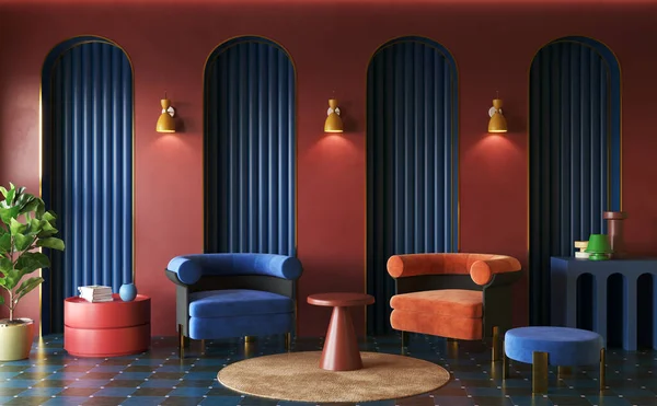 Memphis interior design of living room, deep-coloured decor ideas, 3d render