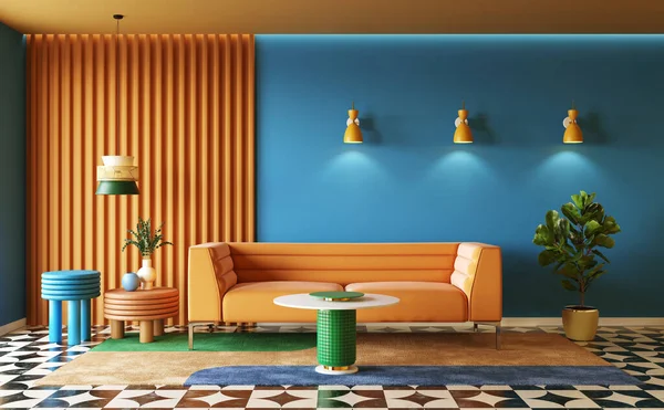 Renkli Oturma Odasının Tasarımı Memphis Tasarımı Konsepti Tasarım — Stok fotoğraf