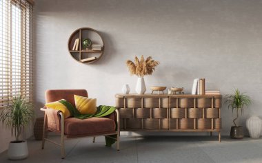 Beyaz duvar arka planında oturma odası iç kompozisyonu. İç modelleme, 3D canlandırma