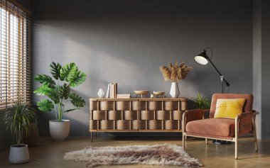 Gri duvar arka planında oturma odası iç kompozisyonu. İç modelleme, 3D canlandırma 