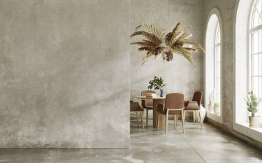 Minimalist iç mimari duvarlar ve kemerli pencereler. İç modelleme, 3D canlandırma