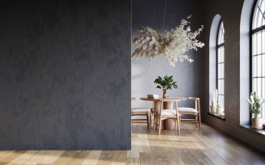 Yuvarlak masalı ve pampa bulutlu minimalist siyah iç mekan. İç modelleme, 3D canlandırma