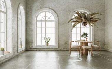 Kirli duvarları ve kemerli pencereleri olan boş oturma odasının minimalist iç tasarımı. Yuvarlak masanın üzerinde asılı çiçek bulutu, 3 boyutlu görüntüleme
