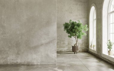 Kirli duvarları ve saksıda ağacı olan boş bir oda. İç modelleme, 3D canlandırma