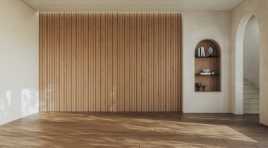 Çağdaş bir oturma odası iç tasarımı. Canlı dekoratif aksanları olan, 3 boyutlu bir tasarım.