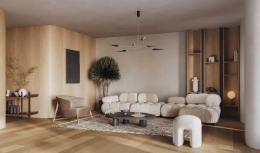 Modern tasarımcı mobilyalarının ve zarif aksesuarların yer aldığı şık bir oturma odası.