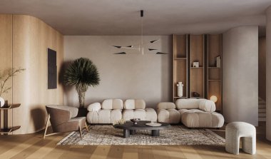 Modern tasarımcı mobilyalarının ve zarif aksesuarların yer aldığı şık bir oturma odası.