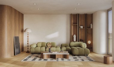Modern tasarımcı mobilyalarının ve zarif aksesuarların yer aldığı şık bir oturma odası.