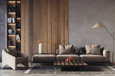 Oturma odasının modern iç tasarımı. İç modelleme, 3D canlandırma