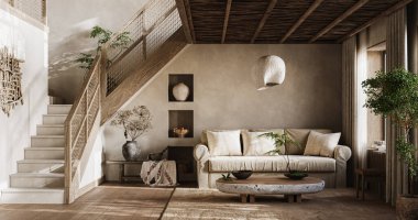 İçi ahşap tavanlı, seramik dekorlu ve doğal dünya tonlarıyla dolu, 3 boyutlu, taşralı bir oturma odası.