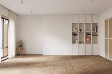 Minimalist oturma odası modern şöminesi ve beyaz duvarları var. İç modelleme, 3D canlandırma