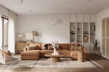 Minimalist oturma odası modern şöminesi ve beyaz duvarları var. İç modelleme, 3D canlandırma