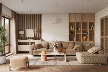 Minimalist oturma odası modern şöminesi ve beyaz duvarları var. İç modelleme, 3D canlandırma