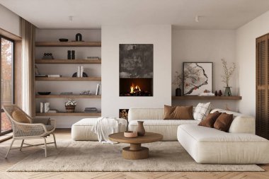 Minimalist oturma odası modern şöminesi ve beyaz duvarları var. İç modelleme, 3D canlandırma