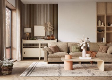 Minimalist oturma odası modern şöminesi ve beyaz duvarları var. İç modelleme, 3D canlandırma