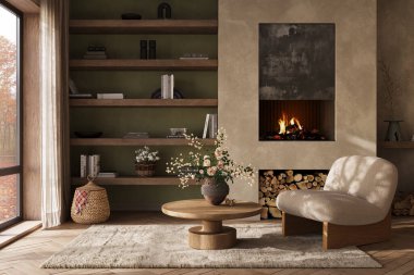 Ilık Dünya Tonu Oturma Odası İçi Rustik ahşap elementlerle dolu, 3D 