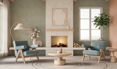 Organik Modern Oturma Odası İçi Şömine, Yumuşak Işıklandırma ve Nötr Renk Paleti, 3D görüntüleme