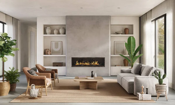 Minimalist oturma odası modern şöminesi ve beyaz duvarları var. İç modelleme, 3D canlandırma