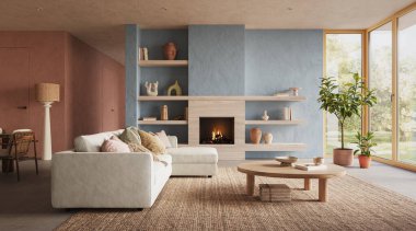 Organik Modern Oturma Odası İçi Şömine, Yumuşak Işıklandırma ve Nötr Renk Paleti, 3D görüntüleme