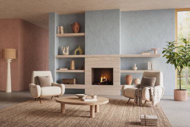 Organik Modern Oturma Odası İçi Şömine, Yumuşak Işıklandırma ve Nötr Renk Paleti, 3D görüntüleme