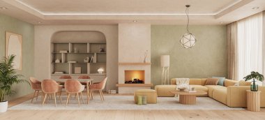 Organik Modern Oturma Odası İçi Şömine, Yumuşak Işıklandırma ve Nötr Renk Paleti, 3D görüntüleme