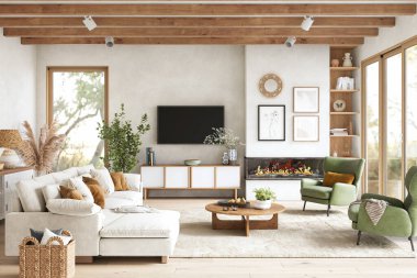 Çağdaş İskandinav Oturma Odası, şömine ve Doğal Malzemeler, 3D