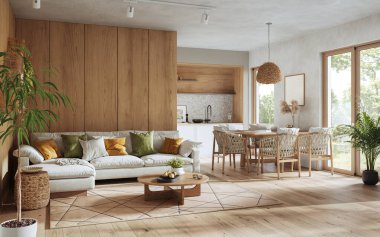 Açık Yemek Alanlı İskandinav Tarzı Oturma Odası, 3D