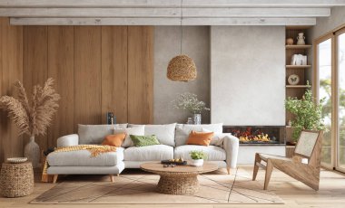 Ahşap duvar panelleri olan rahat, modern oturma odası, 3 boyutlu.