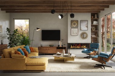 Orta Çağ Modern oturma odasının iç mimarisi, 3D.