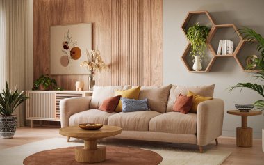 Ahşap duvar panelleri olan rahat, modern oturma odası, 3 boyutlu.