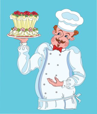 Pastry chef holds a beautiful cake.