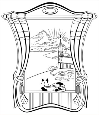 Pencereden manzara manzarası çok güzel. İçerik vektör resmi.