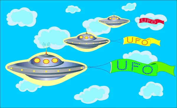 Průvod UFO na modré obloze. — Stockový vektor