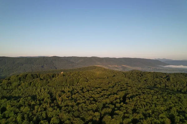Ukrayna dağ sırasının yaz manzarası. Güzel bir yaz manzarası. Dağ vadisinde sabah sisi yayılıyor. Karpatya köyünün panoramik yaz manzarası. Dağların muhteşem sabah manzarası. 