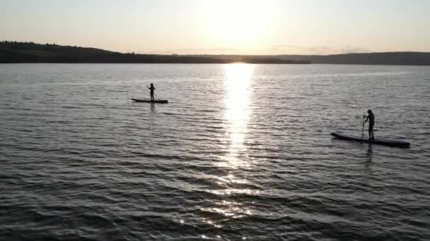 Silhouette Persone Bordo Sup Pagaia Tramonto Onde Luminose Sull Acqua — Video Stock