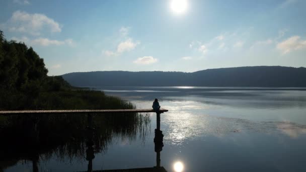 Beautiful Young Woman Performing Spiritual Yoga Pose Wooden Pier Sunrise — Stock Video