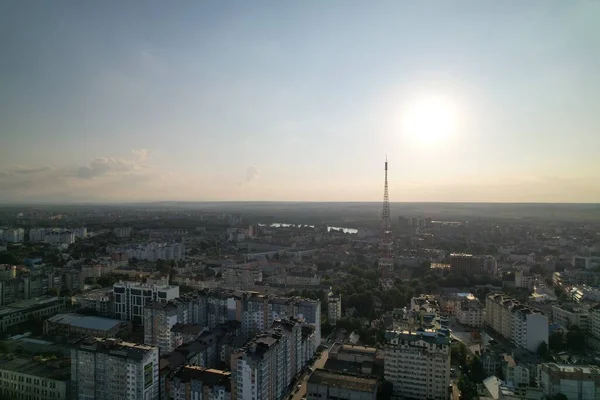 Flygfoto Över Staden Kvällen Färgglad Panoramautsikt Östeuropa — Stockfoto