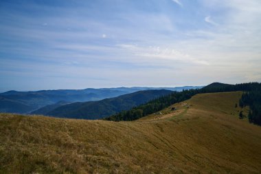  Karpatya dağlarındaki yürüyüş parkurunun güzel manzarası. Boş zaman ve açık havada dinlenme. Tepeleri fethetmek.