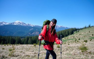 Sırt çantalı kadın yürüyüşçü ve dağlarda yürüyen yürüyüş direkleri. Doğadaki macera yaşam tarzı. Güneşli bir günde orman patikalarını keşfeden aktif bir kadın..