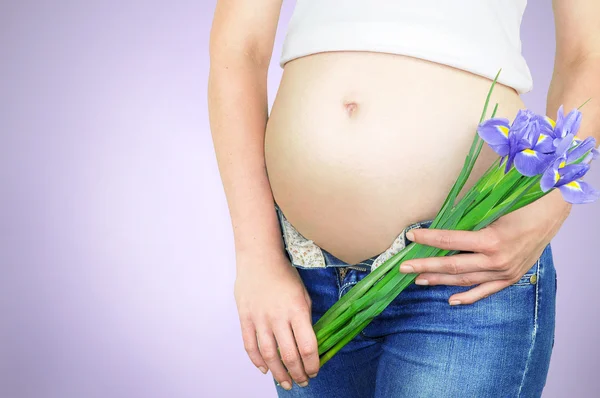 Närbild porträtt av en naken kvinnas baby bump och lila iris blommor på en lila bakgrund. — Stockfoto