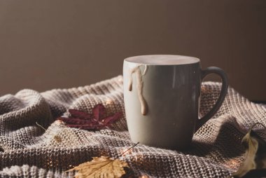 Sonbahar yaprakları ve sarı ışıklarla örgü yüzeyi üzerinde biege bardağında sıcak çikolata içeceği. Sonbahar havası