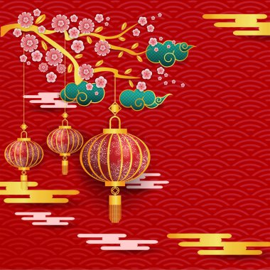 Çin 'in yeni yılı için çerçeve, bulutlardan, fenerlerden, Çin desenlerinden, sakura çiçeklerinden oluşuyor tebrik kartı, el ilanları, davetiyeler, broşürler, afişler, takvimler için kırmızı bir zemin üzerinde.