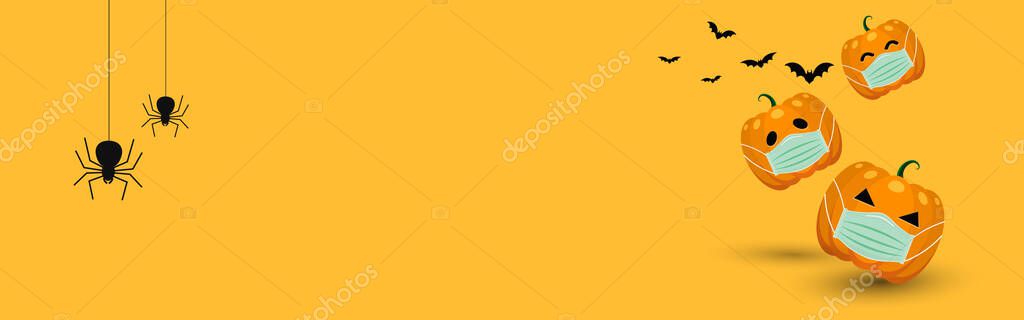Simple Halloween pumpkins Wearing a medical mask. With bats and spiders on the Orange background, for Web Banner background Design. Happy Halloween concept. During COVID-19 outbreak control period. — Stock Illustration Simple Halloween Pumpkins Wearing Medical Mask Bats Spiders Orange Background Royalty Free Stock Vectors