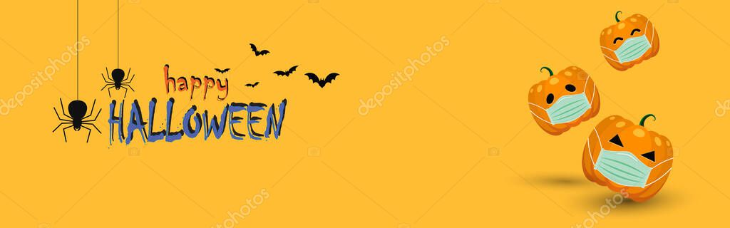 Simple Halloween pumpkins Wearing a medical mask. With bats and spiders on the Orange background, for Web Banner background Design. Happy Halloween concept. During COVID-19 outbreak control period. — Stock Illustration Simple Halloween Pumpkins Wearing Medical Mask Bats Spiders Orange Background Royalty Free Stock Illustrations
