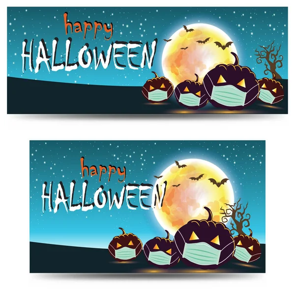 Simple Halloween pumpkins with the big moon, and star, Black tree, and bats on blue background, for Background Design. banner Design Two sizes For mobile phone screen, Happy Halloween sells concept. — Stock Illustration Simple Halloween Pumpkins Big Moon Star Black Tree Bats Blue Royalty Free Stock Vectors