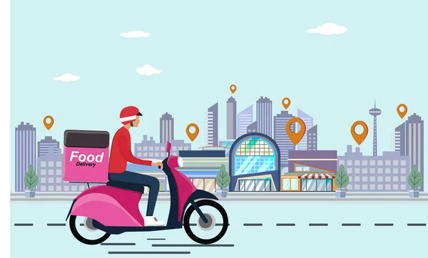 Yemek Teslimatçısı Motosikletli Motosikletten Kutuyla Kurtuldu Şehir Arkaplanı Şehirde Hızlı — Stok Vektör