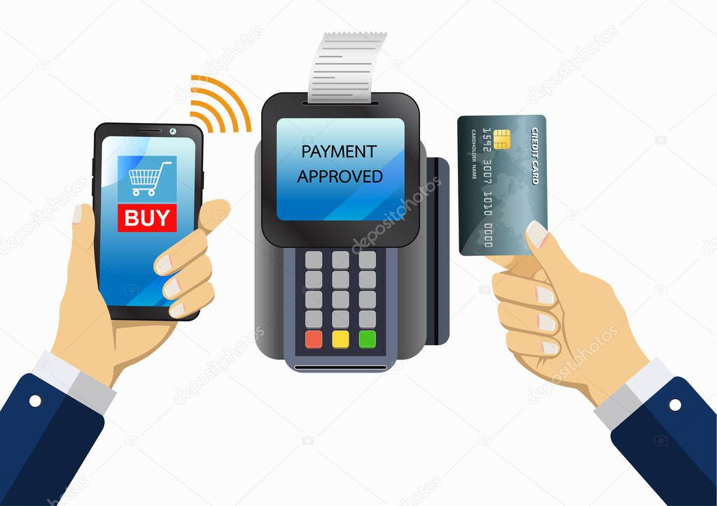 Mobile payment. with hands holding a smartphone, credit card, and payment processing device, the concept of paying e-commerce, flat modern illustration design isolated white background image.