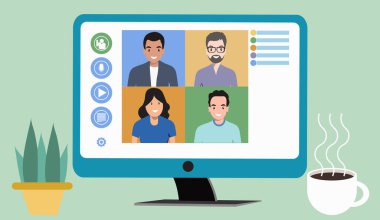 Telekonferans için çevrimiçi toplantı ya da öğrenme, bilgisayarda çalışan, evden çalışan ve düz vektör illüstrasyonunda çalışan video konferans uzaktan kumandasını birbirine bağlayan insanlar