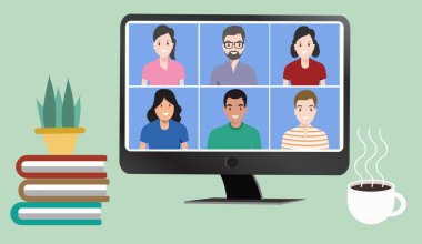 Telekonferans için çevrimiçi toplantı ya da öğrenme, bilgisayarda çalışan, evden çalışan ve düz vektör illüstrasyonunda çalışan video konferans uzaktan kumandasını birbirine bağlayan insanlar